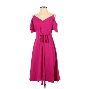 Ann Taylor 2P Cold Shoulder A-Line Midi Dress Flounce Short Sleeve Crepe Pink